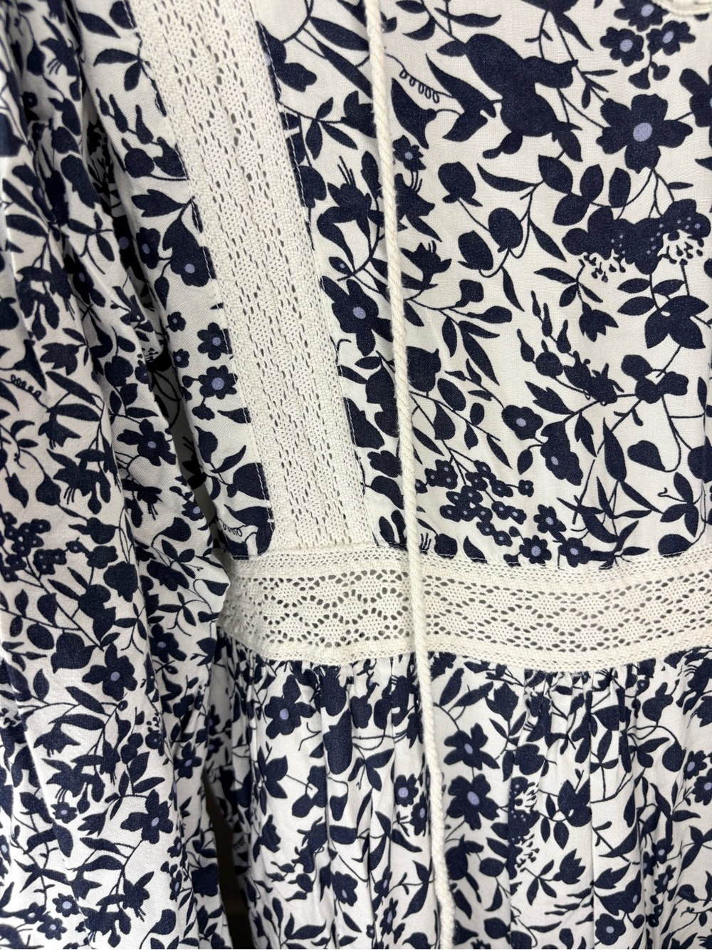 Attic Salt Navy & White Floral Lace-Trim Maxi Dress Cottagecore BoHo Prairie - Picture 5 of 7